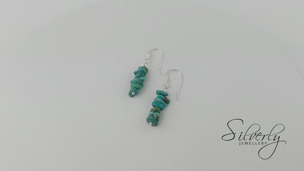 
                  
                    Load and play video in Gallery viewer, Sterling Silver Turquoise Chip Beaded Long Dangle Earrings With Hooks
                  
                