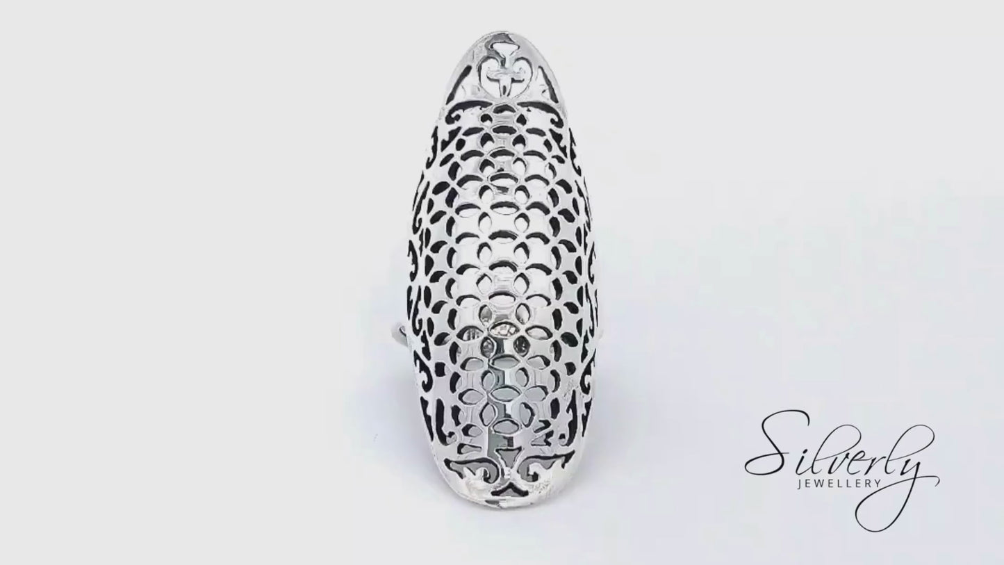 Sterling Silver Arabesque-Style Armour Ring – Filigree Full-Finger Design