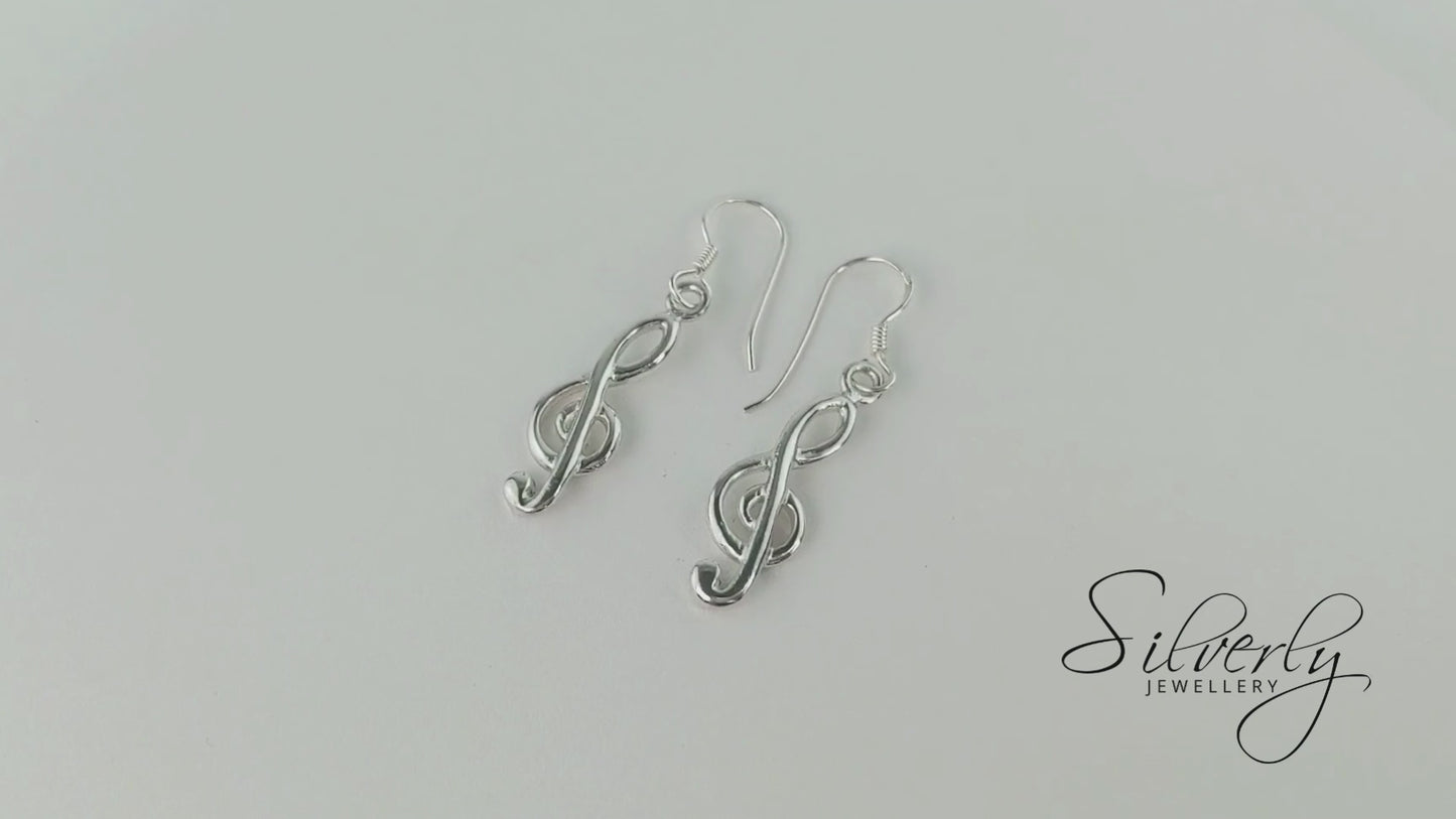 Sterling Silver Musical Note Treble Clef Dangle Earrings With Hooks