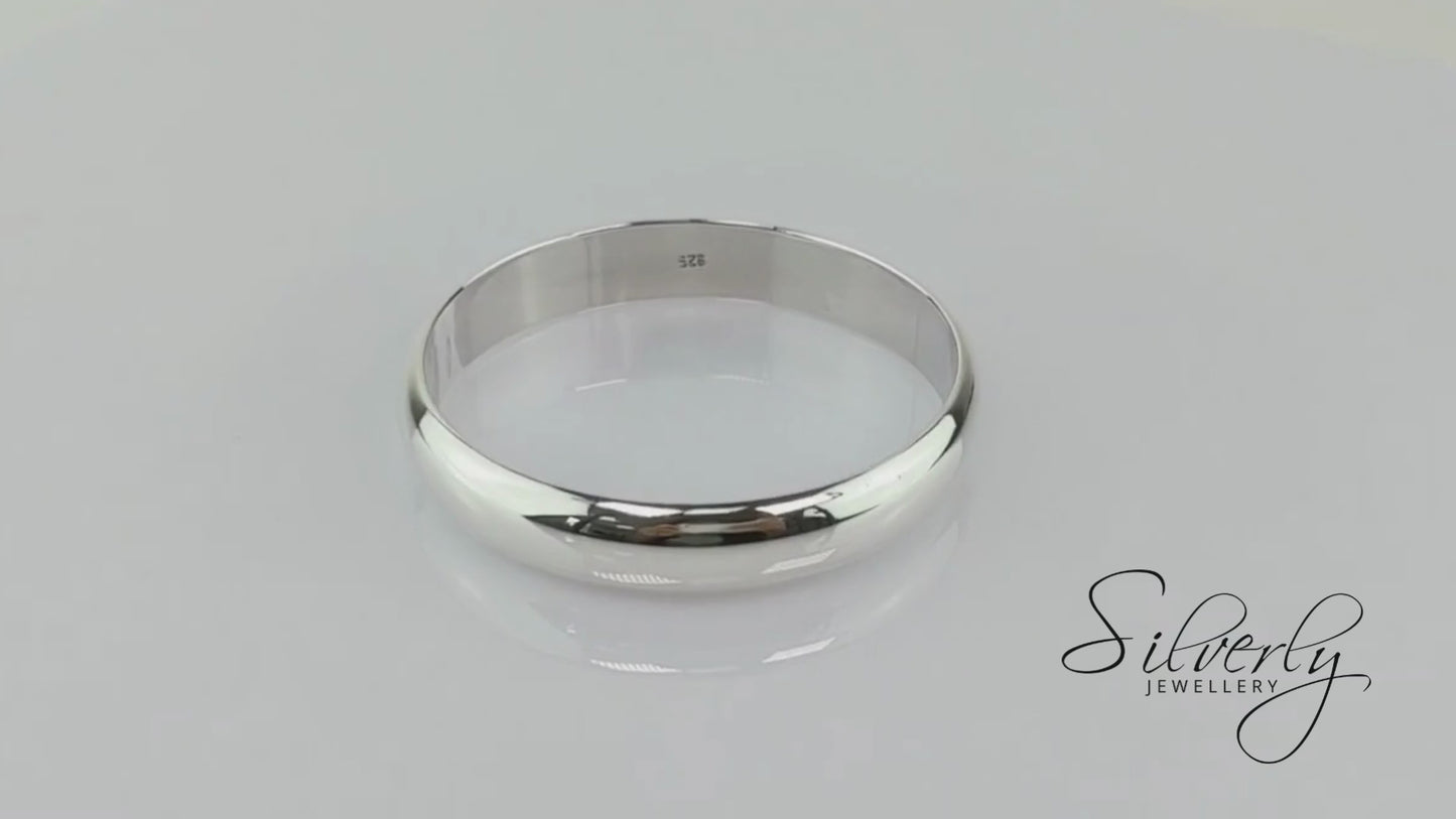 Sterling Silver Wide D-Shape Bangle – Chunky Stacking Bracelet