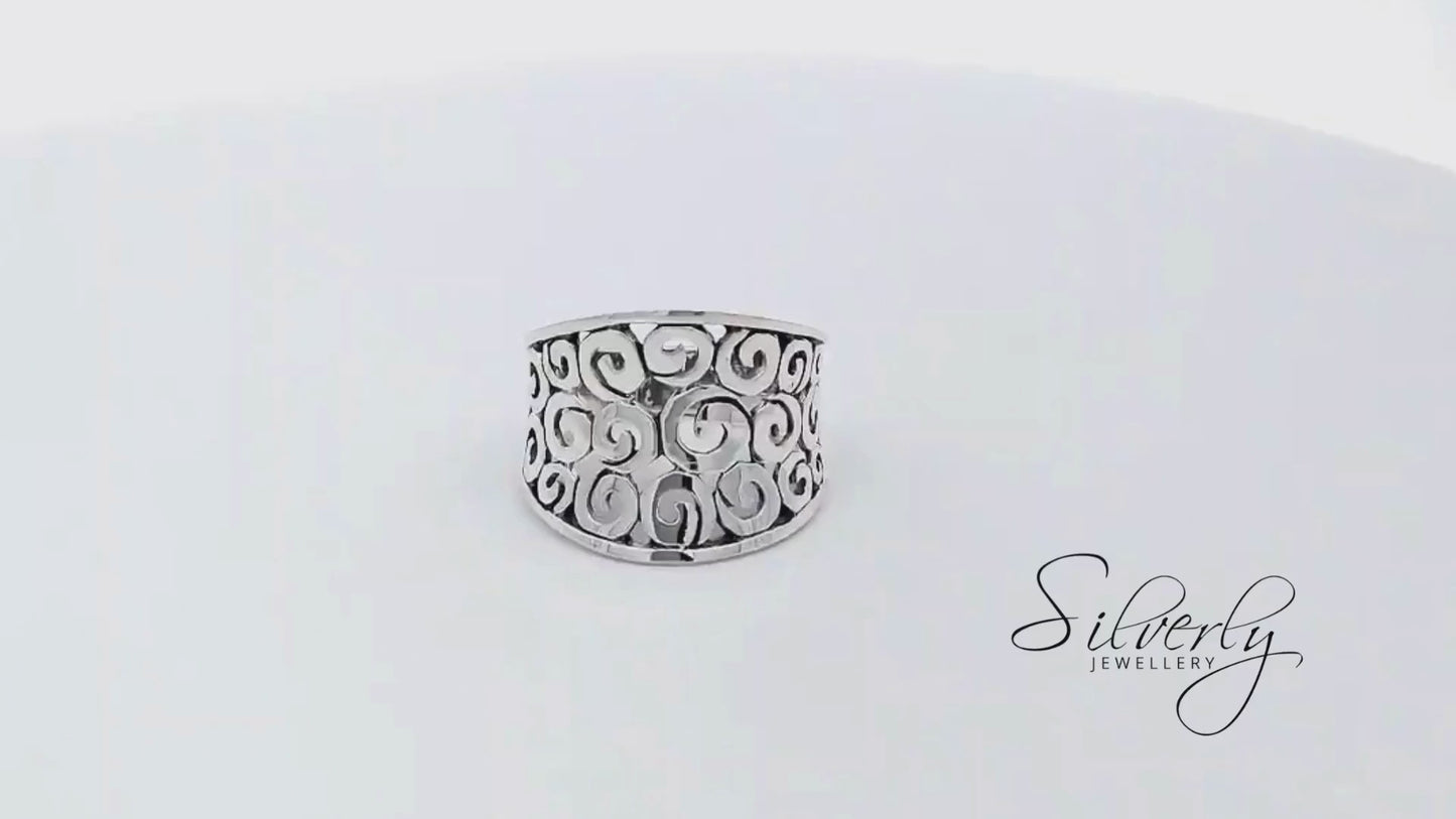 Sterling Silver Cut-Out Spiral Filigree Ring - Wide Concave Band