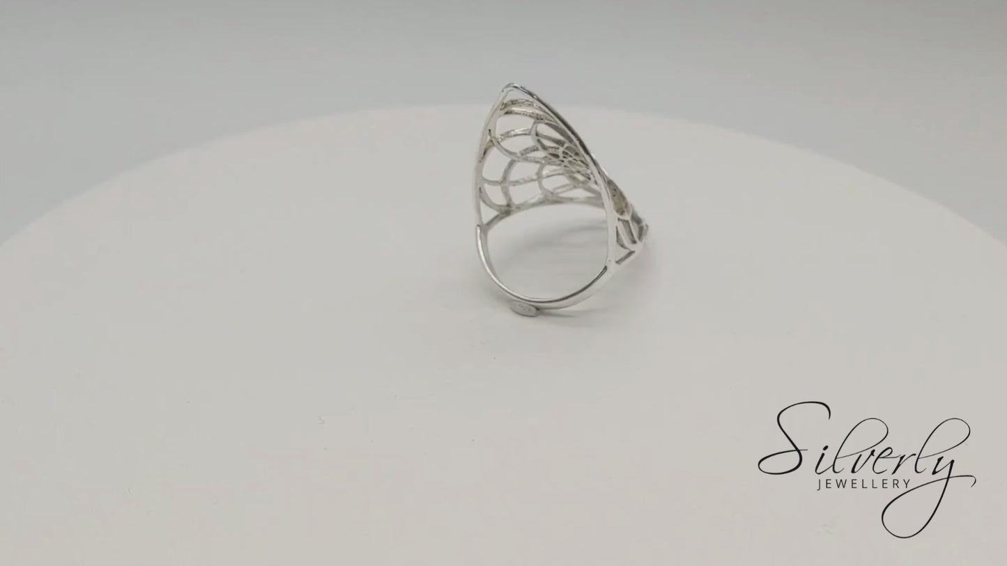 Sterling Silver Wide Lotus of Life Ring – Full-Finger Armour Design