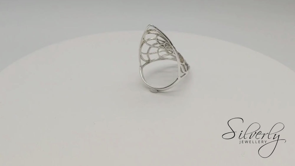 
                  
                    Load and play video in Gallery viewer, Sterling Silver Wide Cut-Out Flower of Life Armour Half-Finger Ring
                  
                