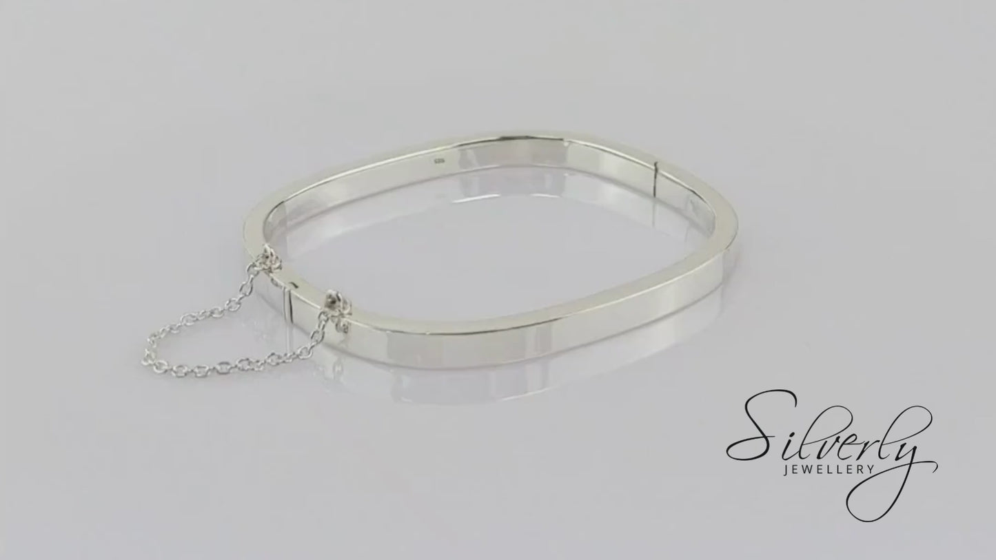 Sterling Silver Square Hinged Bangle With Safety Chain - Elegant Bracelet
