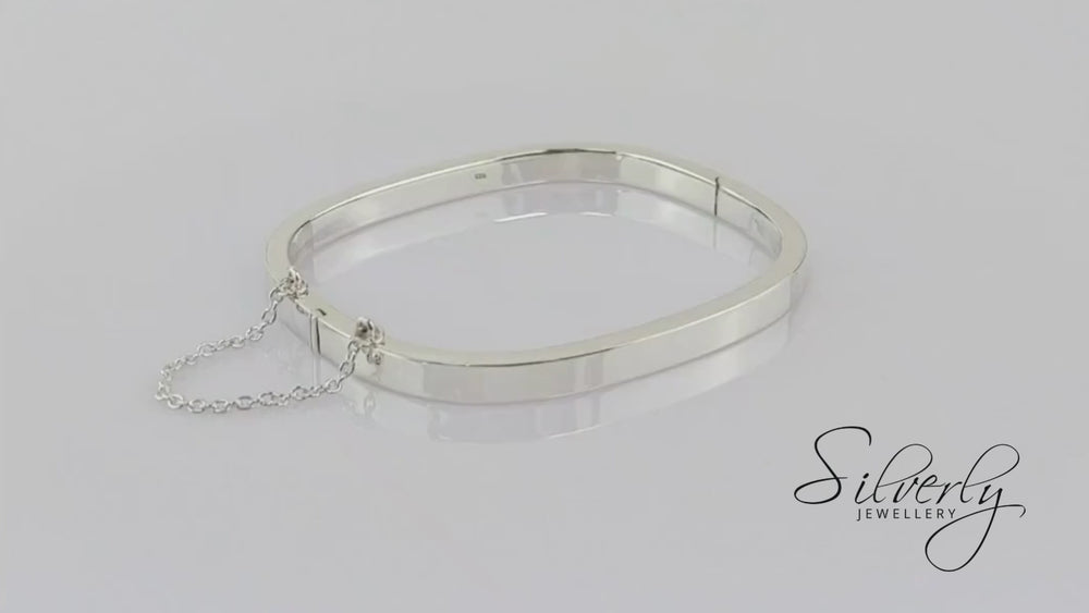 
                  
                    Load and play video in Gallery viewer, Sterling Silver Square Tube Hinged Bangle With Chain Elegant Bracelet
                  
                