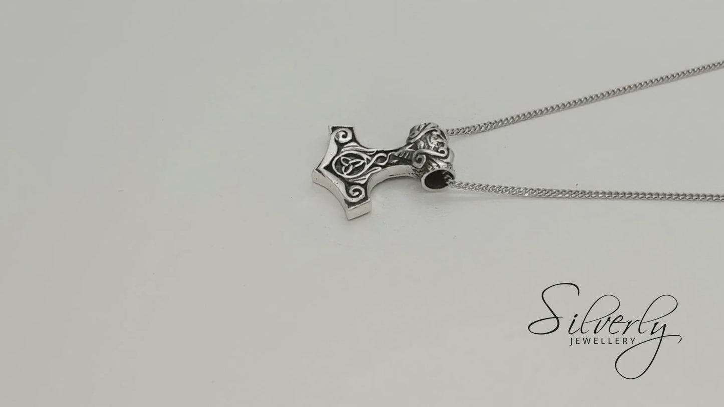 Sterling Silver Large Thor's Hammer Pendant Necklace With Celtic Triquetra Knot