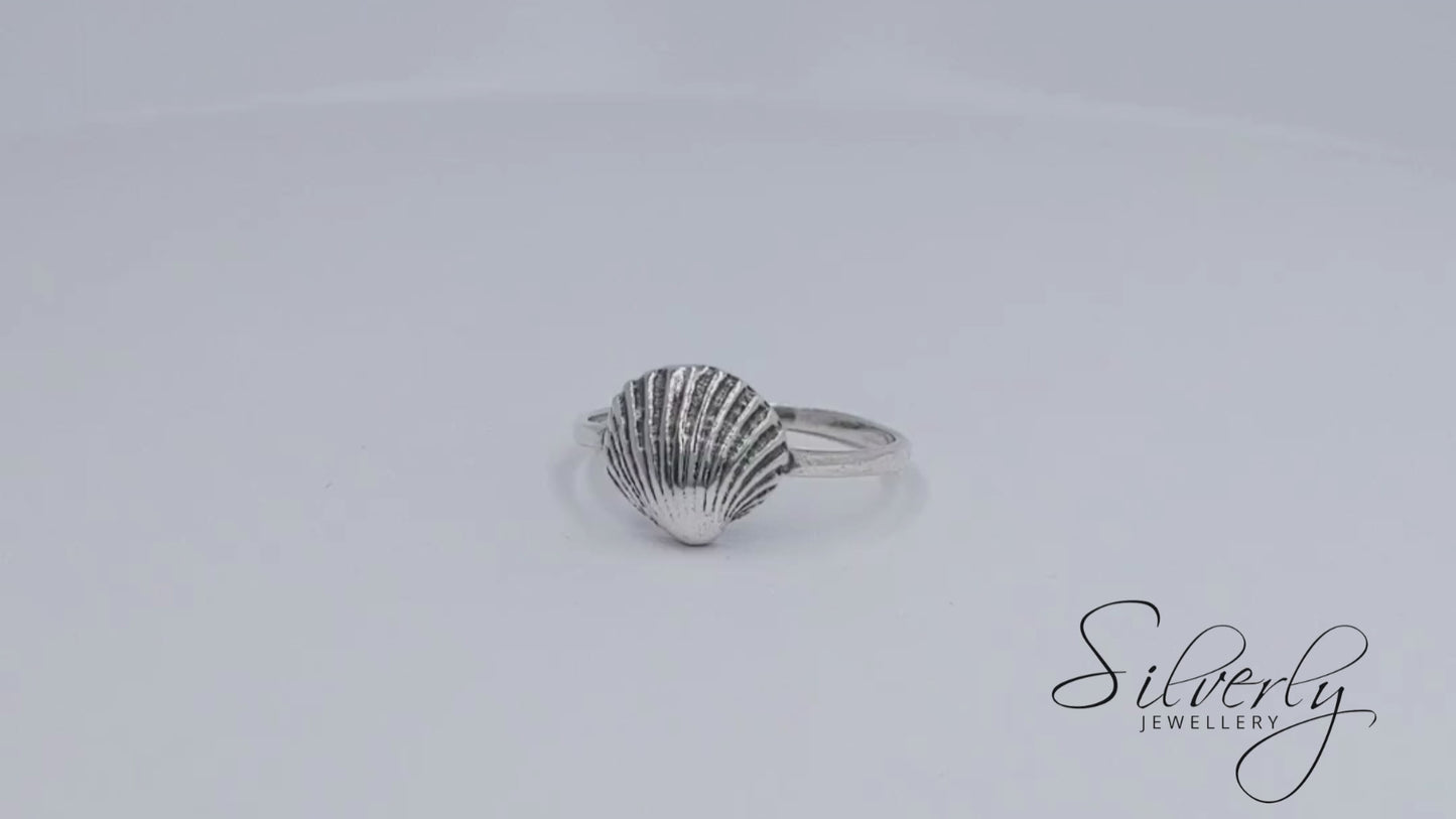 
                  
                    Load and play video in Gallery viewer, Sterling Silver Ocean Inspired Textured Seashell Ring Stackable Band
                  
                