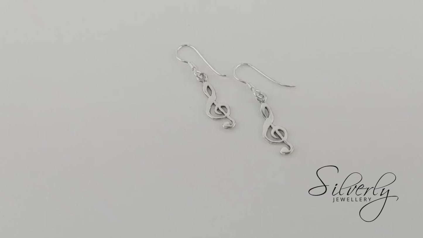 Sterling Silver Musical Note Treble Clef Drop Earrings With Hooks