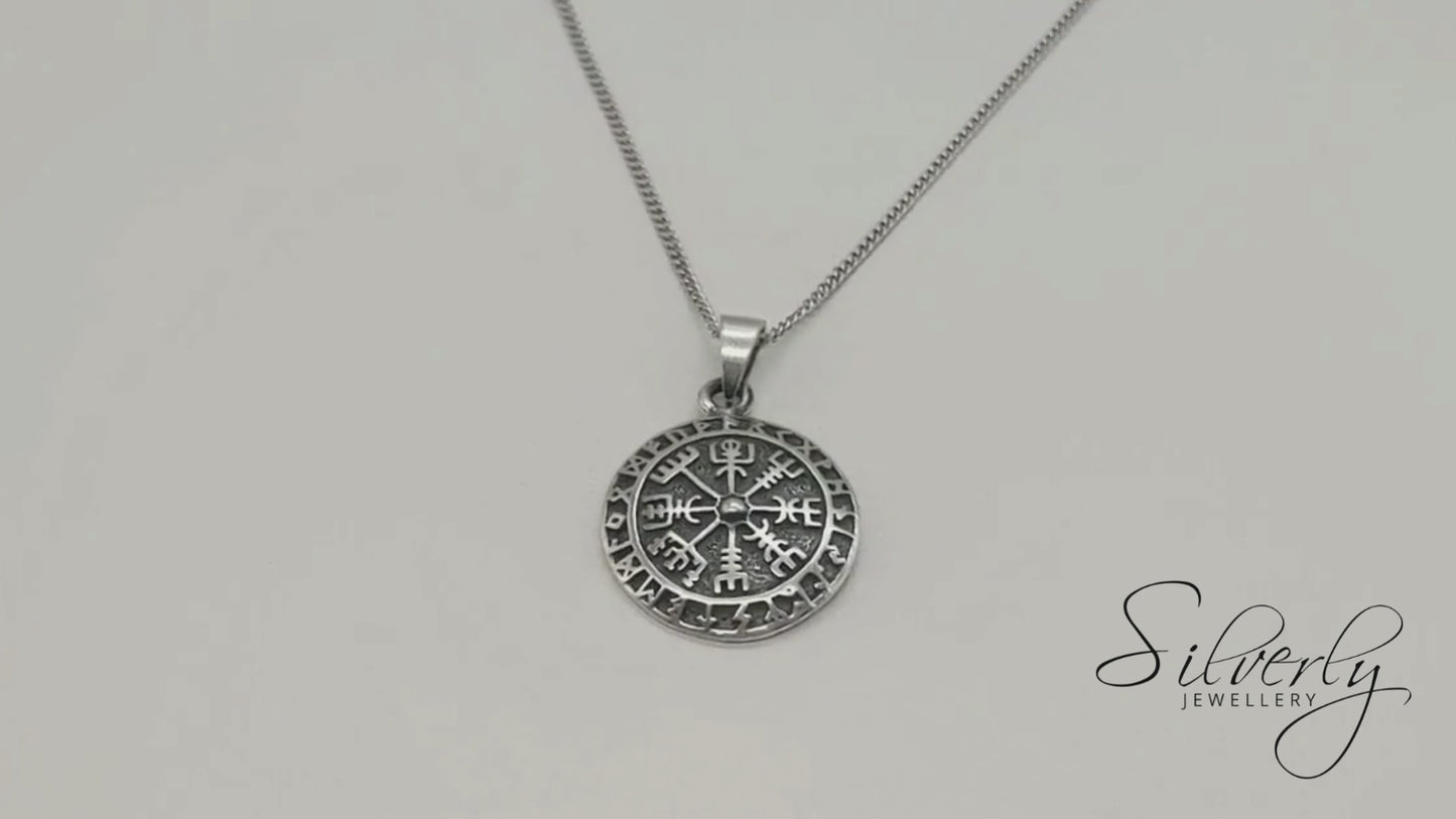 Sterling Silver Norse Helm of Awe Pendant - Viking Coin Necklace