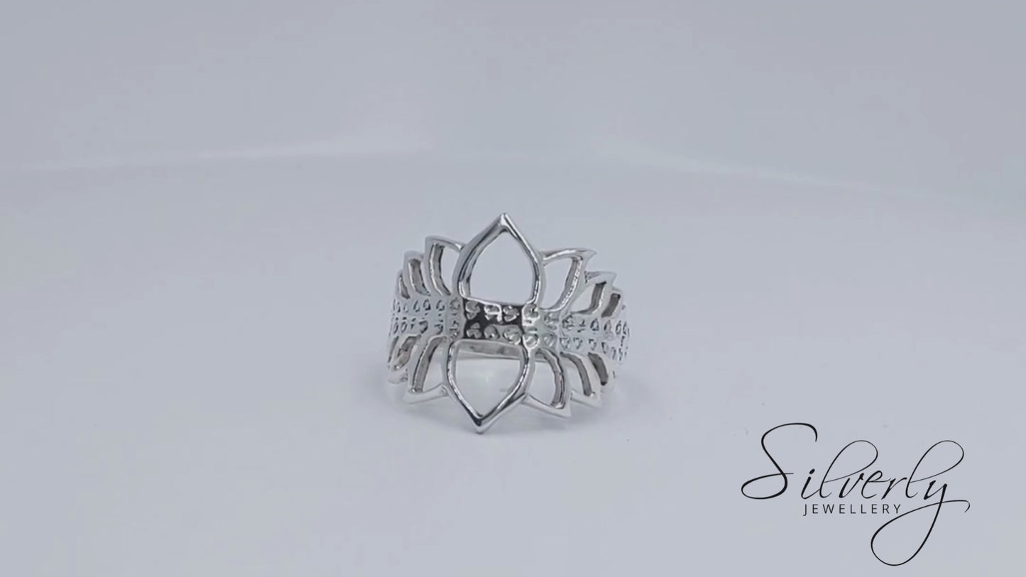 Sterling Silver Open Lotus Flower Petal Ring Yoga Spiritual Design