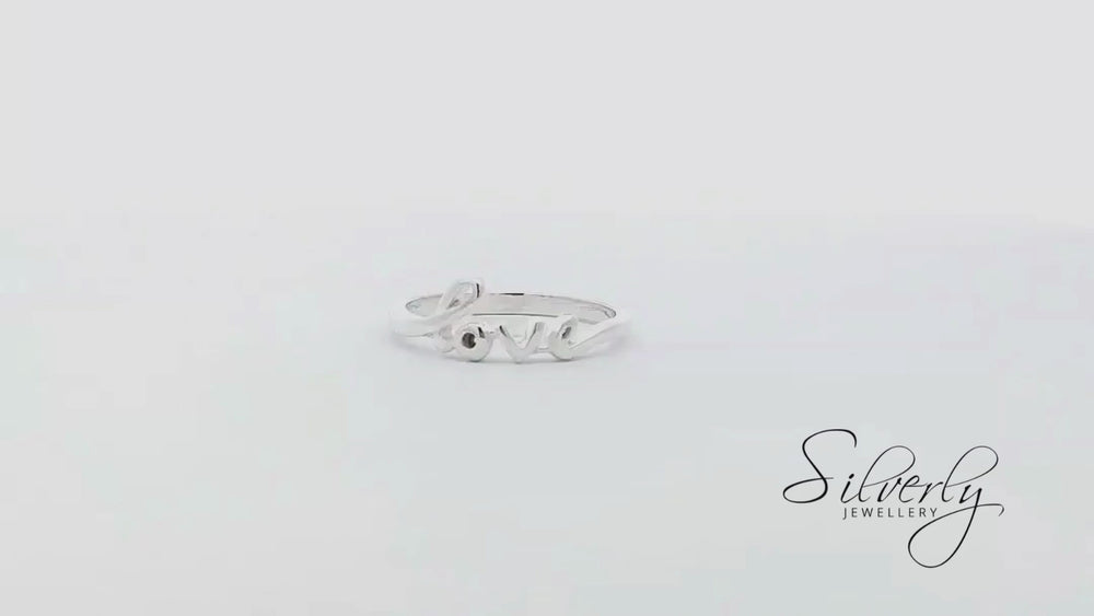 
                  
                    Load and play video in Gallery viewer, Sterling Silver Love Ring Romantic Quote Script Stackable Band
                  
                