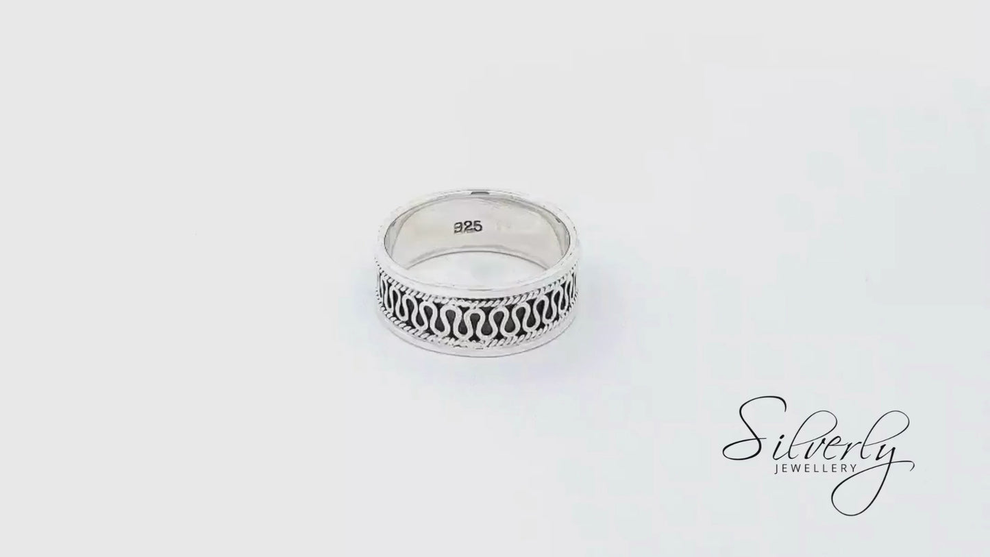 Sterling Silver Bali Rope & Scrollwork Ring - Flat Edge Cigar Band