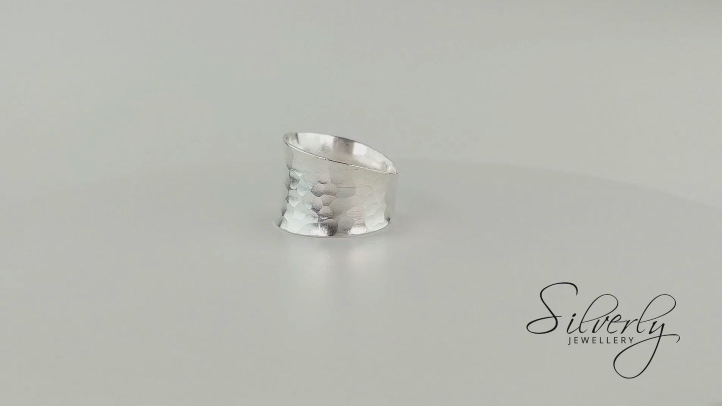 Hill Tribe Silver Wide Hammered Adjustable Ring - Concave Band