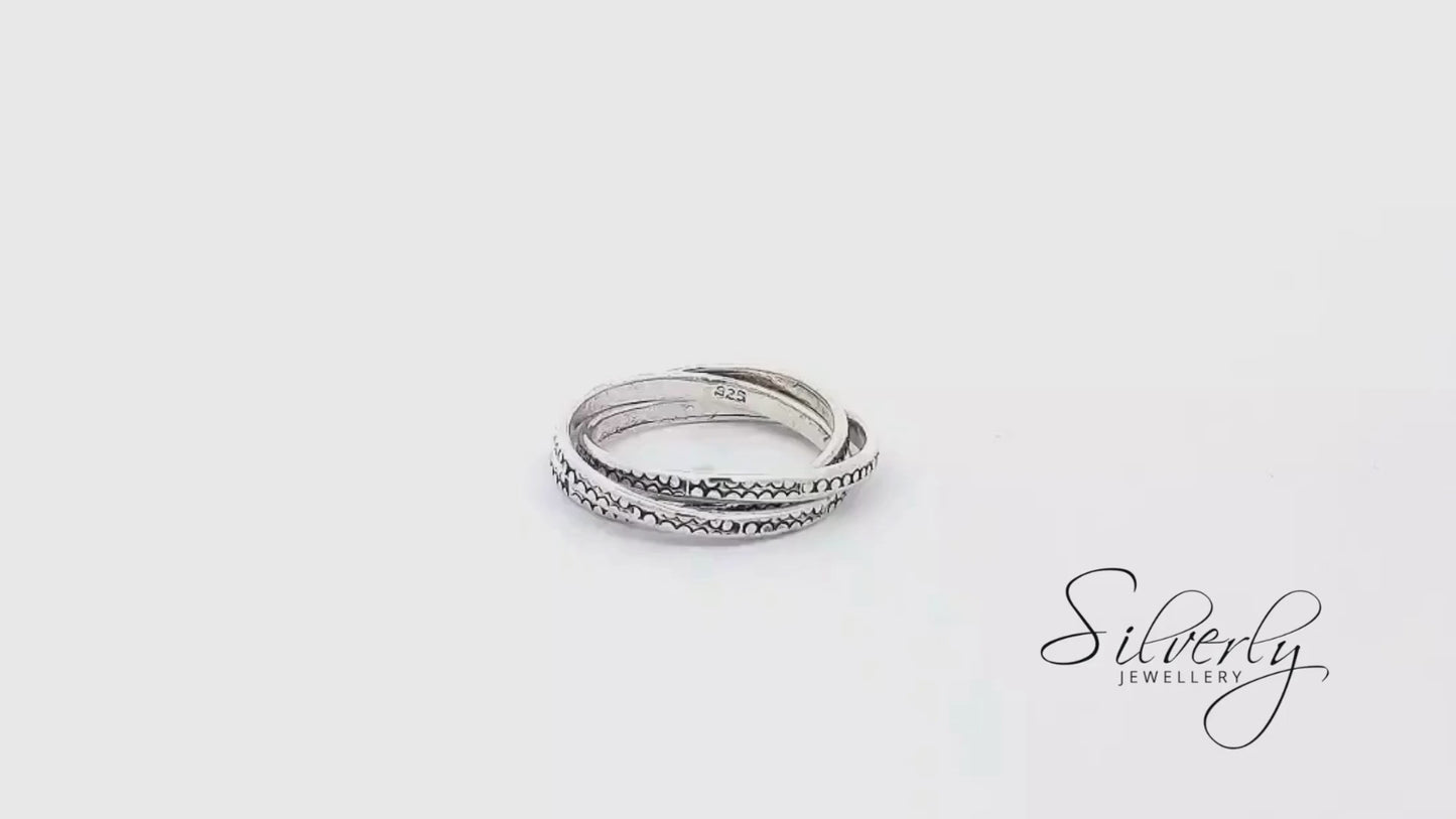 Sterling Silver Textured Three Band Russian Wedding Ring With Circle Imprint