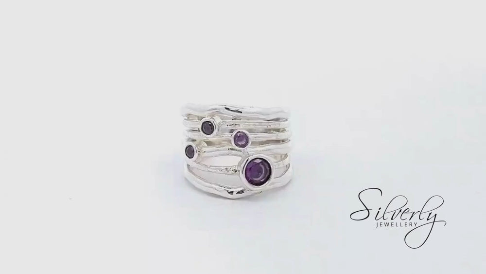 
                  
                    Load and play video in Gallery viewer, Sterling Silver Purple Cubic Zirconia Wide Chunky Multi Band Ring
                  
                