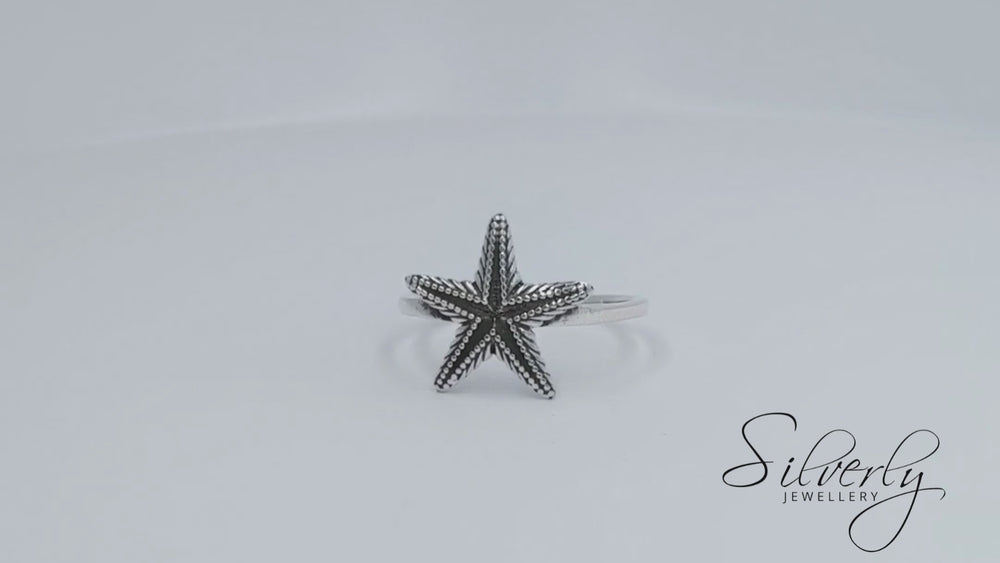 
                  
                    Load and play video in Gallery viewer, Sterling Silver Textured Starfish Ring Ocean Mermaid Jewellery
                  
                