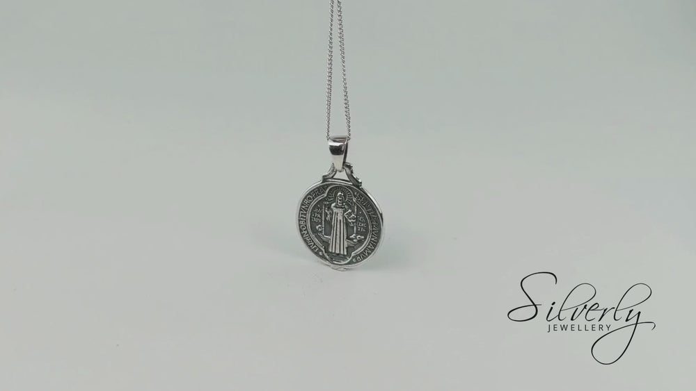 
                  
                    Load and play video in Gallery viewer, Sterling Silver St Benedict Medallion Coin Shaped Pendant Necklace
                  
                