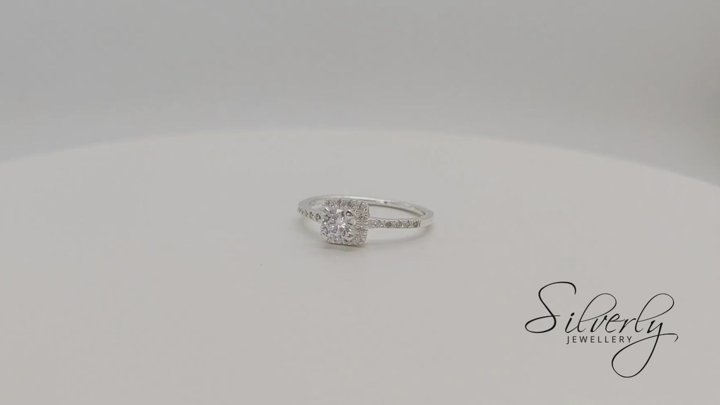 Sterling Silver Square Cubic Zirconia Halo Shoulder Set Solitaire Ring