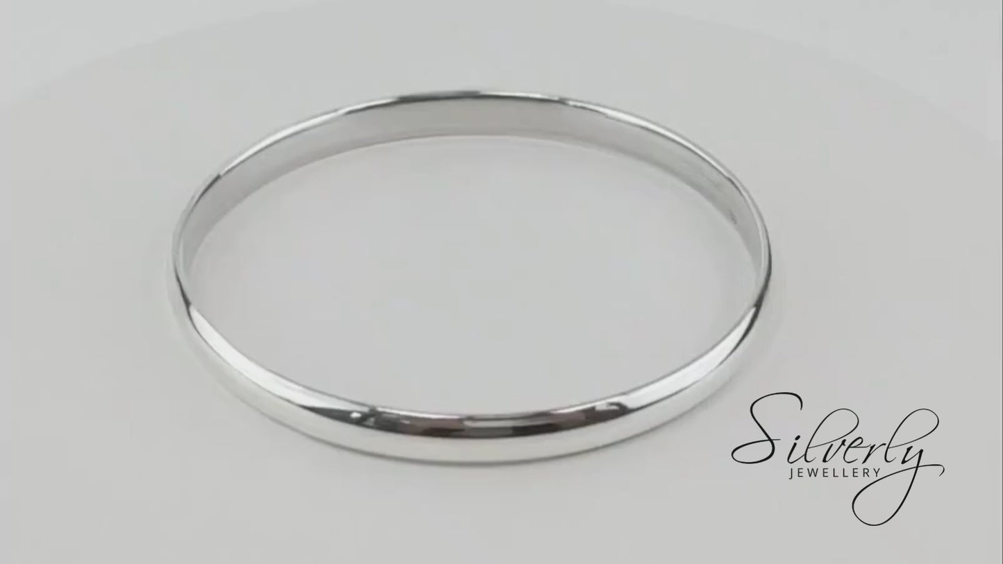 Sterling Silver D-Shape Wide Closed Bangle - Classic Stacking Bracelet