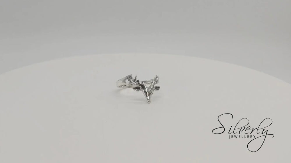 
                  
                    Load and play video in Gallery viewer, Sterling Silver Horned Deer Stag Buck Antler Ring Animal Band
                  
                