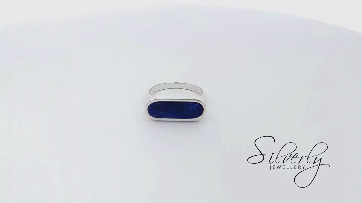 Sterling Silver Oval Lapis Lazuli Flat Top Ring - Midnight Blue