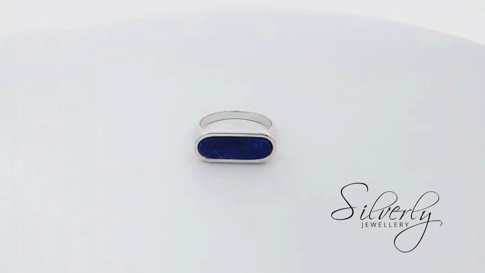 Silverly Sterling Silver Flat Top Ring – Oval Simulated Lapis Lazuli Gemstone In 925 Silver For Women