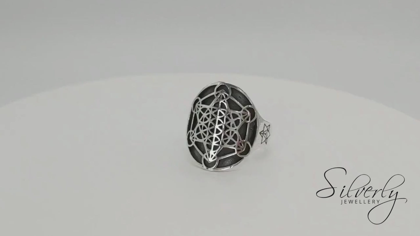 Sterling Silver Large Wide Metatron's Cube Ring Sacred Geometry