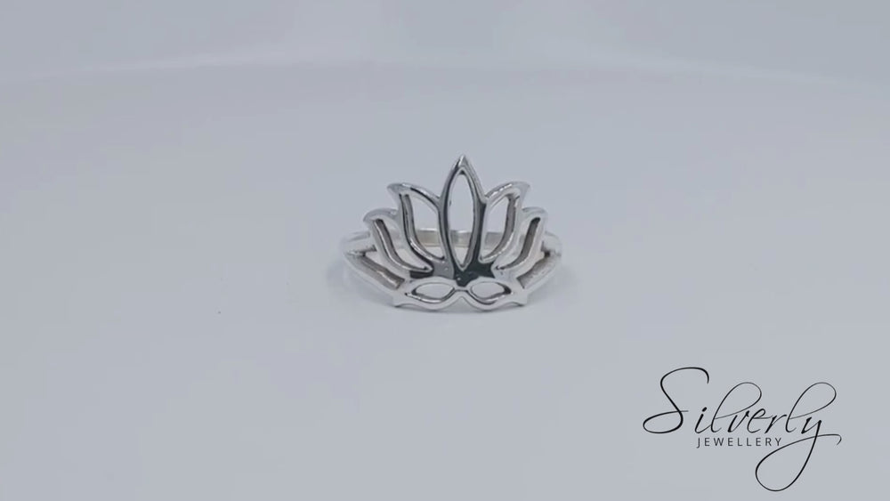 
                  
                    Load and play video in Gallery viewer, Sterling Silver Open Lotus Flower Ring Yoga Meditation Design
                  
                