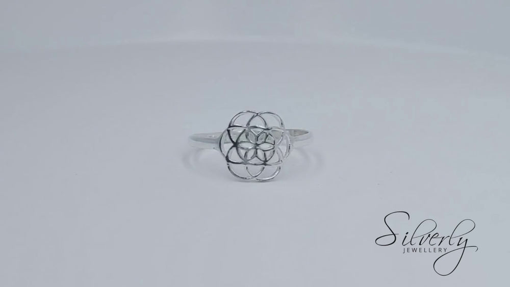 
                  
                    Load and play video in Gallery viewer, Sterling Silver Hollow-Out Flower Seed of Life Ring Stackable Band
                  
                