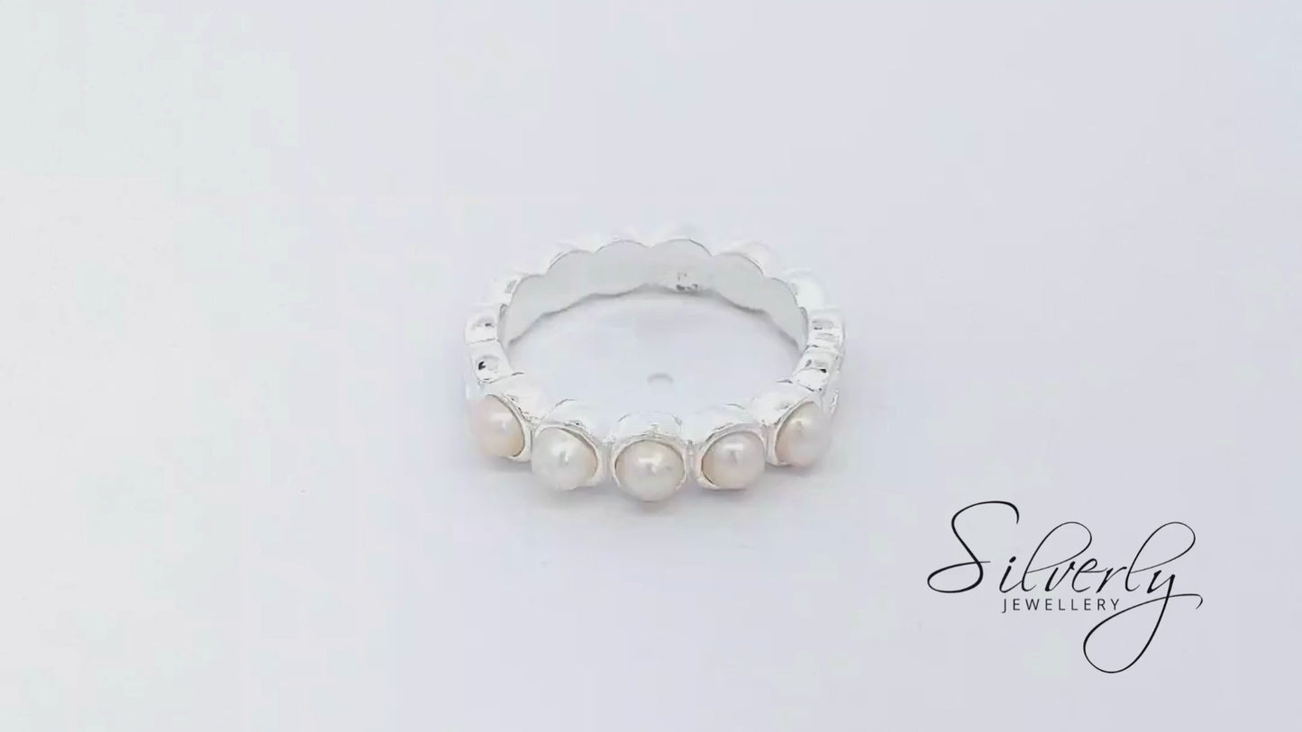 Sterling Silver Freshwater Pearl Spiral Band Ring - Stackable Design