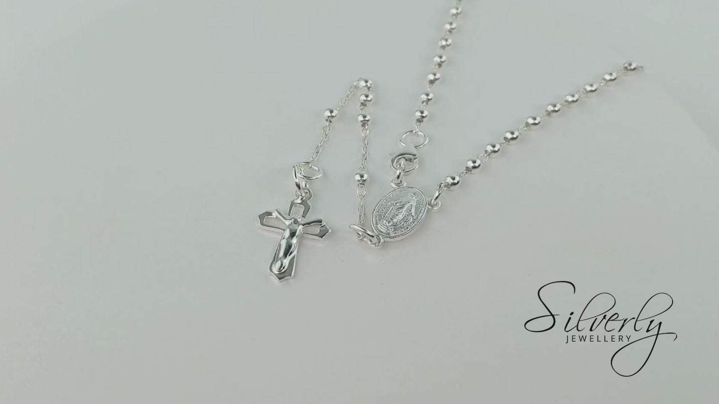 Sterling Silver Cross Rosary Beads - Virgin Mary Chain Necklace 46cm