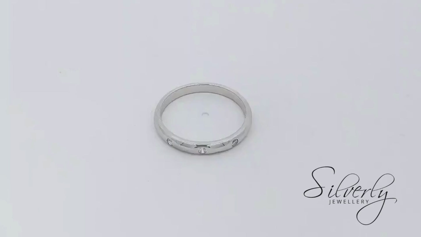 Sterling Silver Triple Cubic Zirconia Flush Set Band Stackable Ring