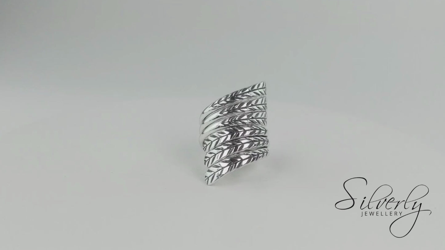 Sterling Silver Wide Wrap Detailed Feather Leaf Adjustable Ring