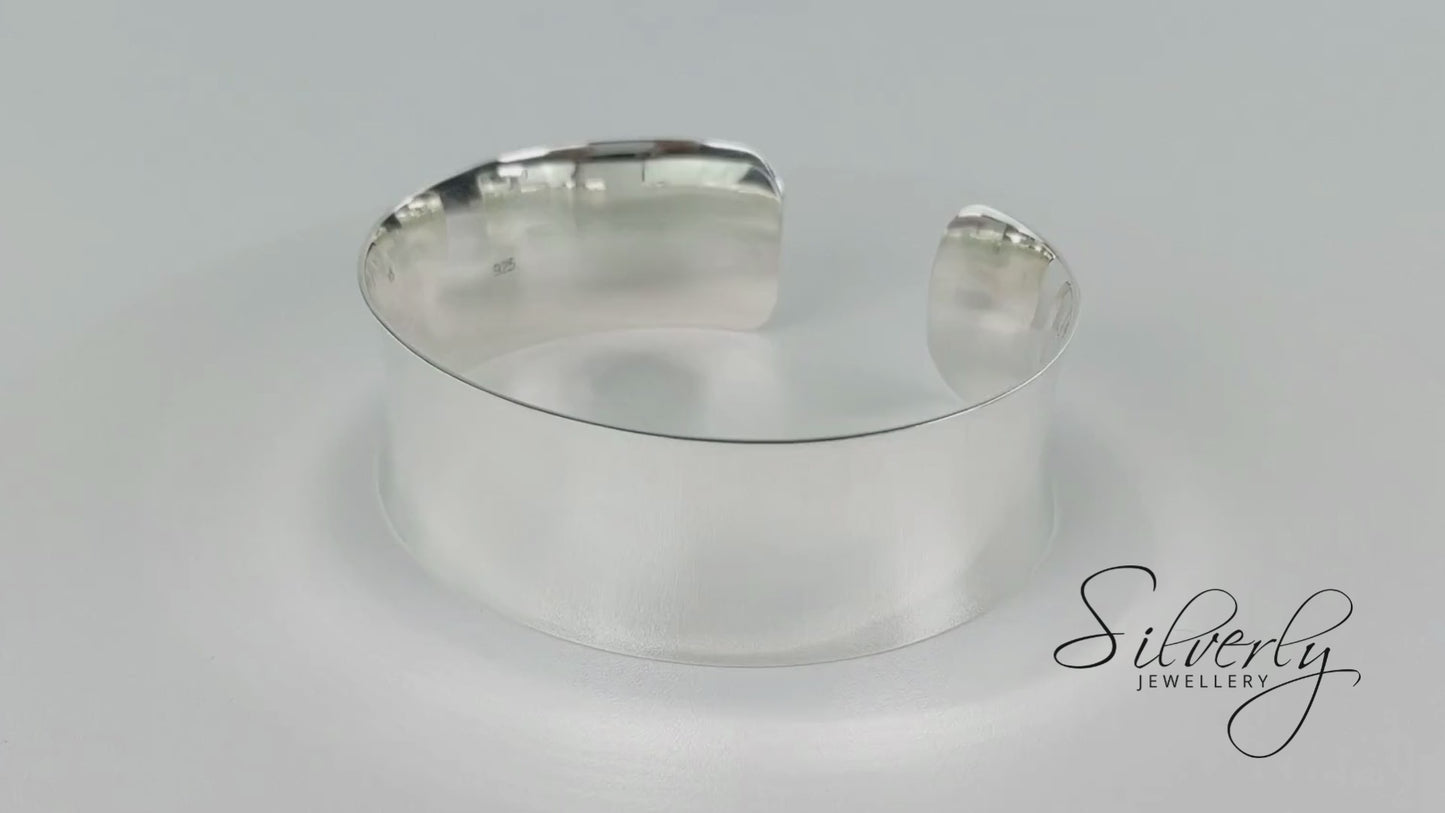 Sterling Silver Wide Polished Concave Cuff Bangle - Adjustable Bracelet