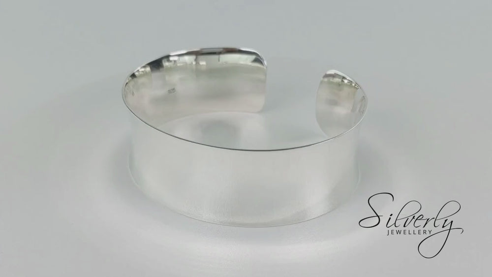 
                  
                    Load and play video in Gallery viewer, Sterling Silver Wide Polished Bangle Adjustable Concave Cuff Bracelet
                  
                
