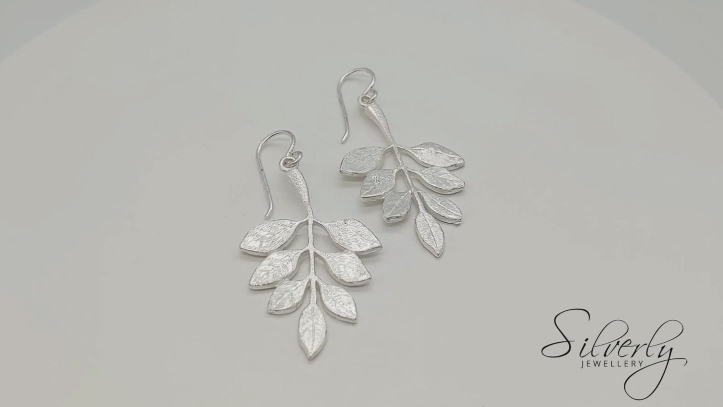 Sterling Silver Satin Finish Twig Plant Textured Leaf Dangle Earrings