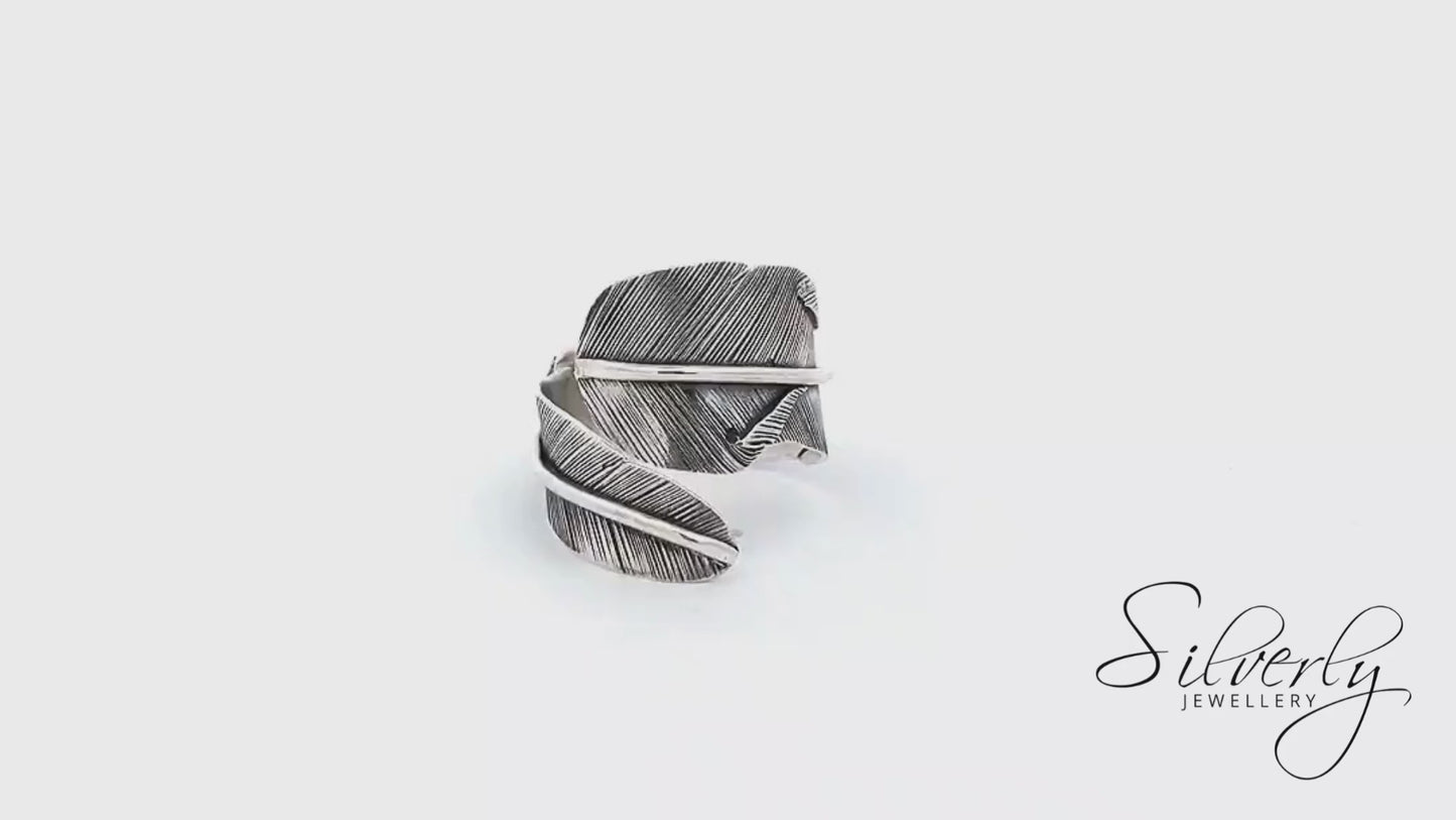 Sterling Silver Chunky Wide Detailed Leaf Feather Wrap Adjustable Ring