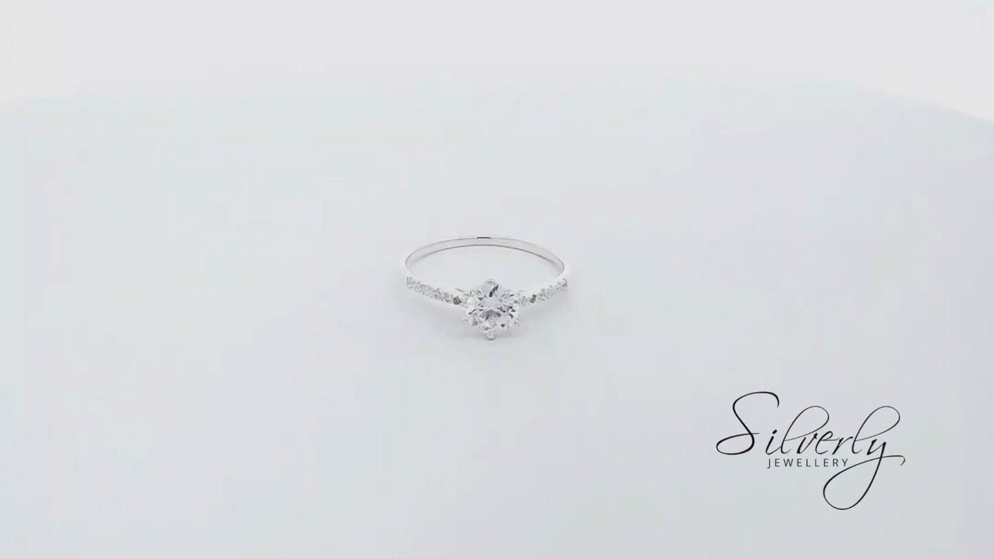 Sterling Silver Six Claw Cubic Zirconia Solitaire Engagement Ring