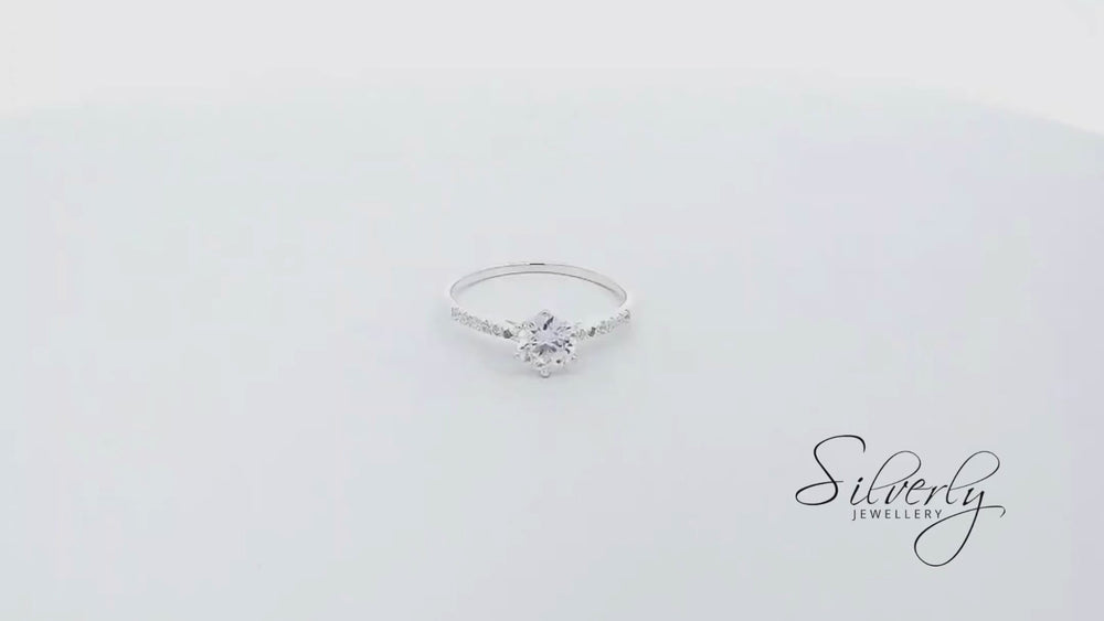 
                  
                    Load and play video in Gallery viewer, Sterling Silver Six Claw Cubic Zirconia Solitaire Engagement Ring
                  
                