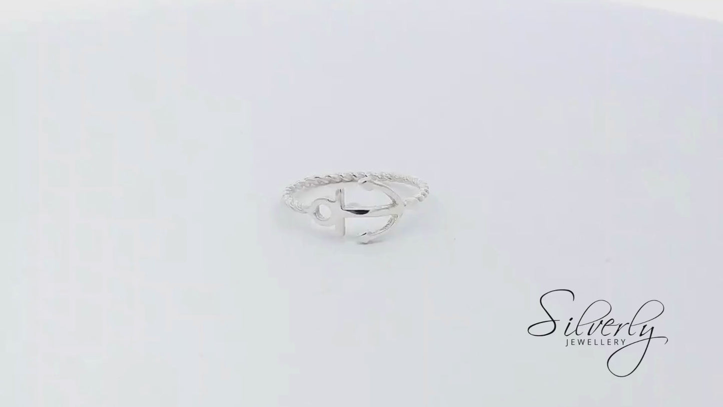 Sterling Silver Nautical Anchor Ring Stackable Twisted Rope Band