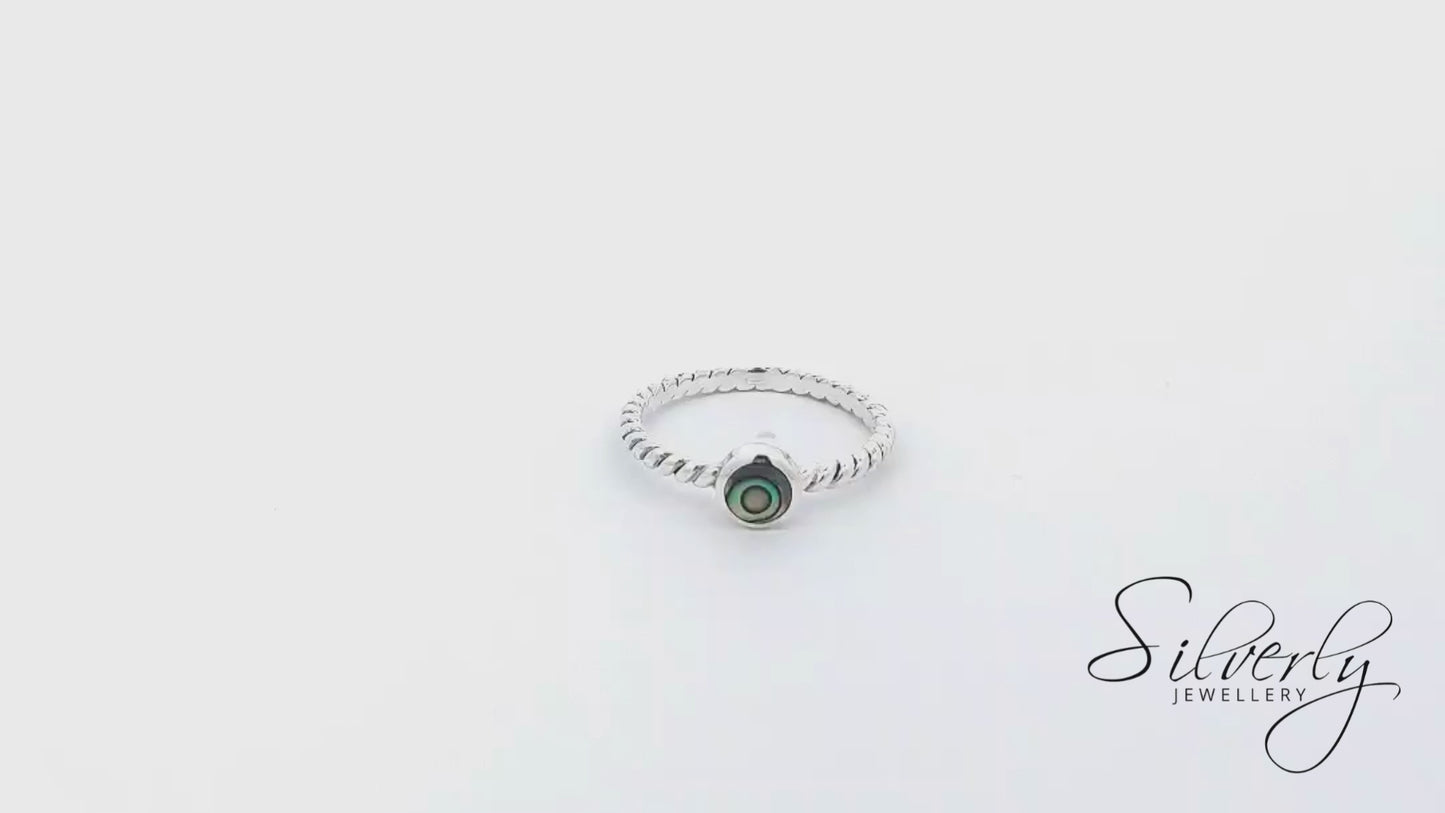 Sterling Silver Abalone Shell Solitaire Ring - Twisted Rope Stackable Band