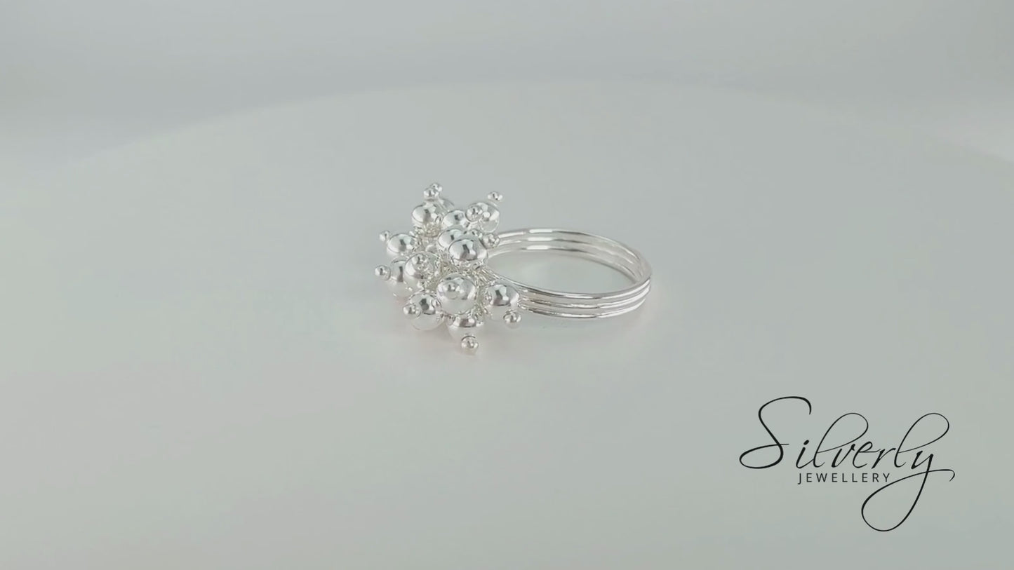 Sterling Silver Statement Cluster Ball Bell Charm Ring Unique Band