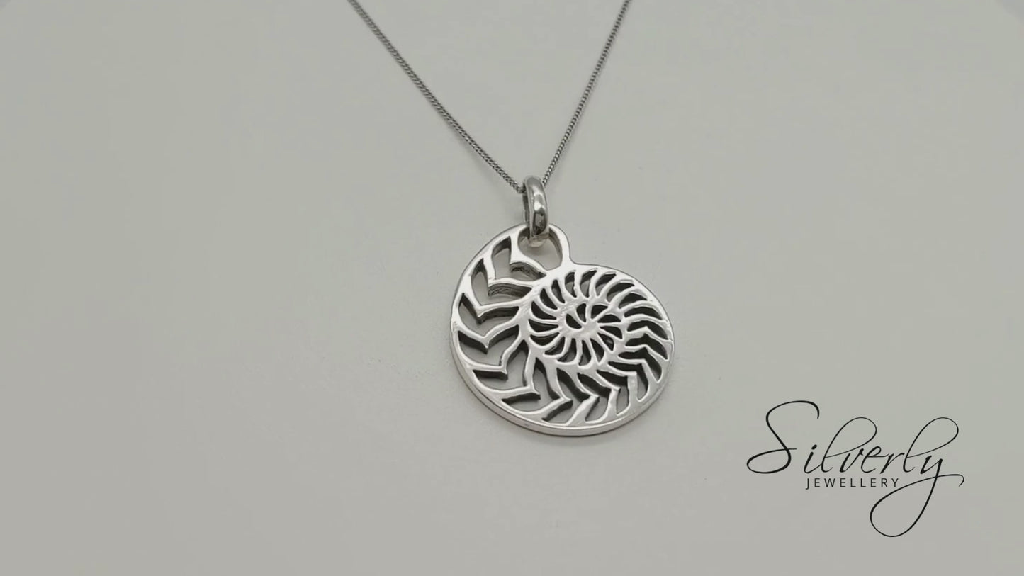 Sterling Silver Large Nautilus Ammonite Seashell Pendant Necklace