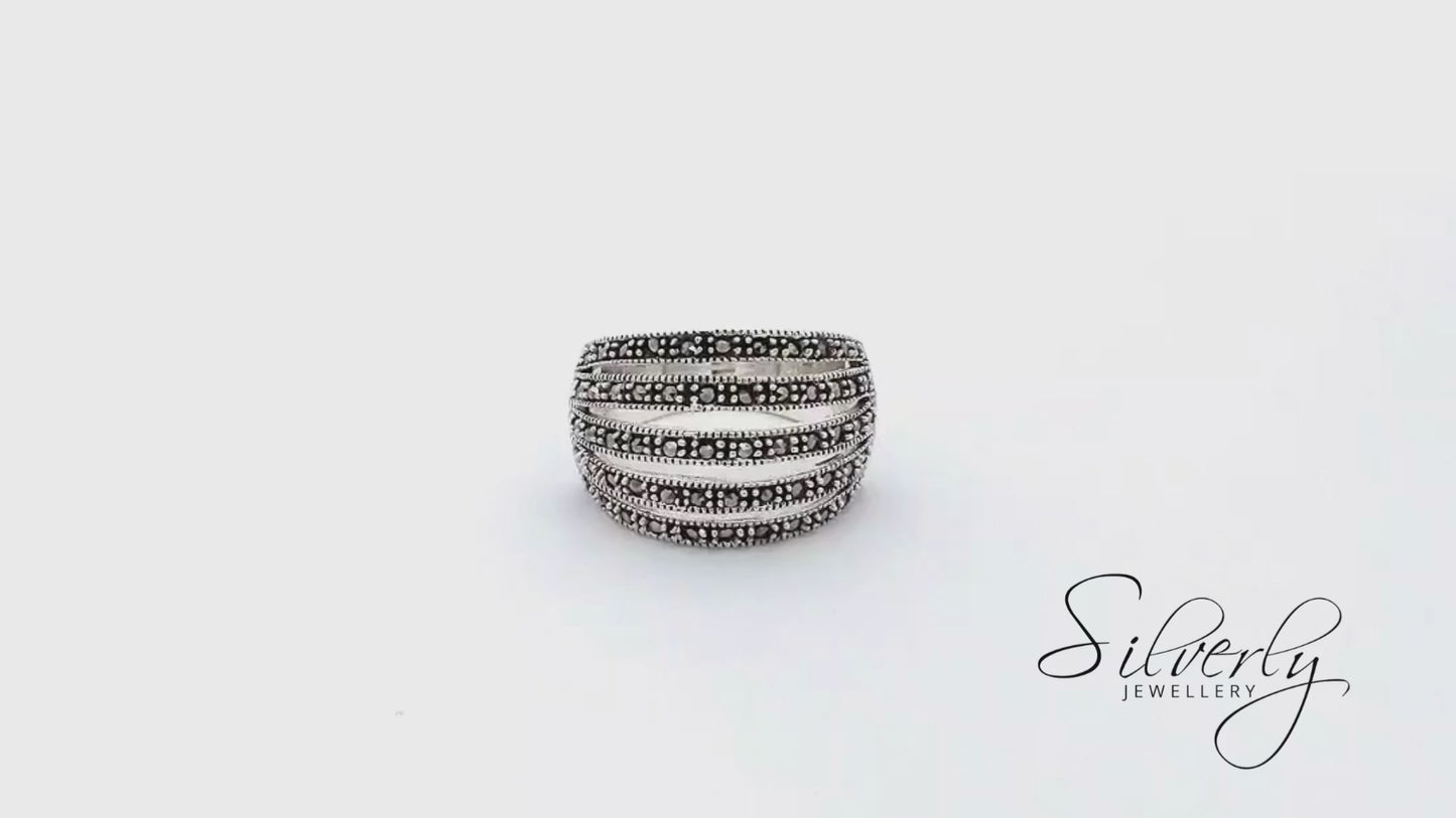 Sterling Silver Marcasite Art Deco Style Wide Multi-Row Dome Ring