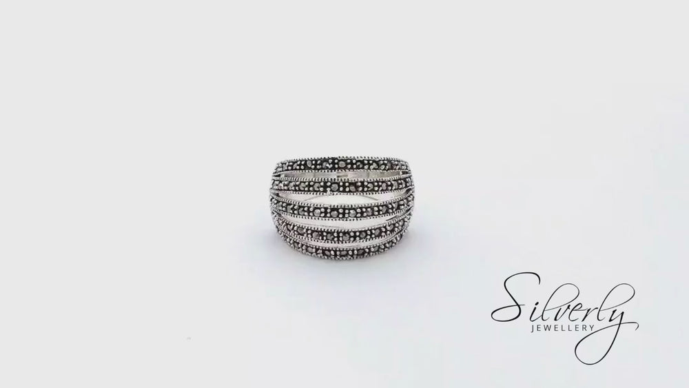 
                  
                    Load and play video in Gallery viewer, Sterling Silver Marcasite Art Deco Style Wide Multi-Layer Ring
                  
                