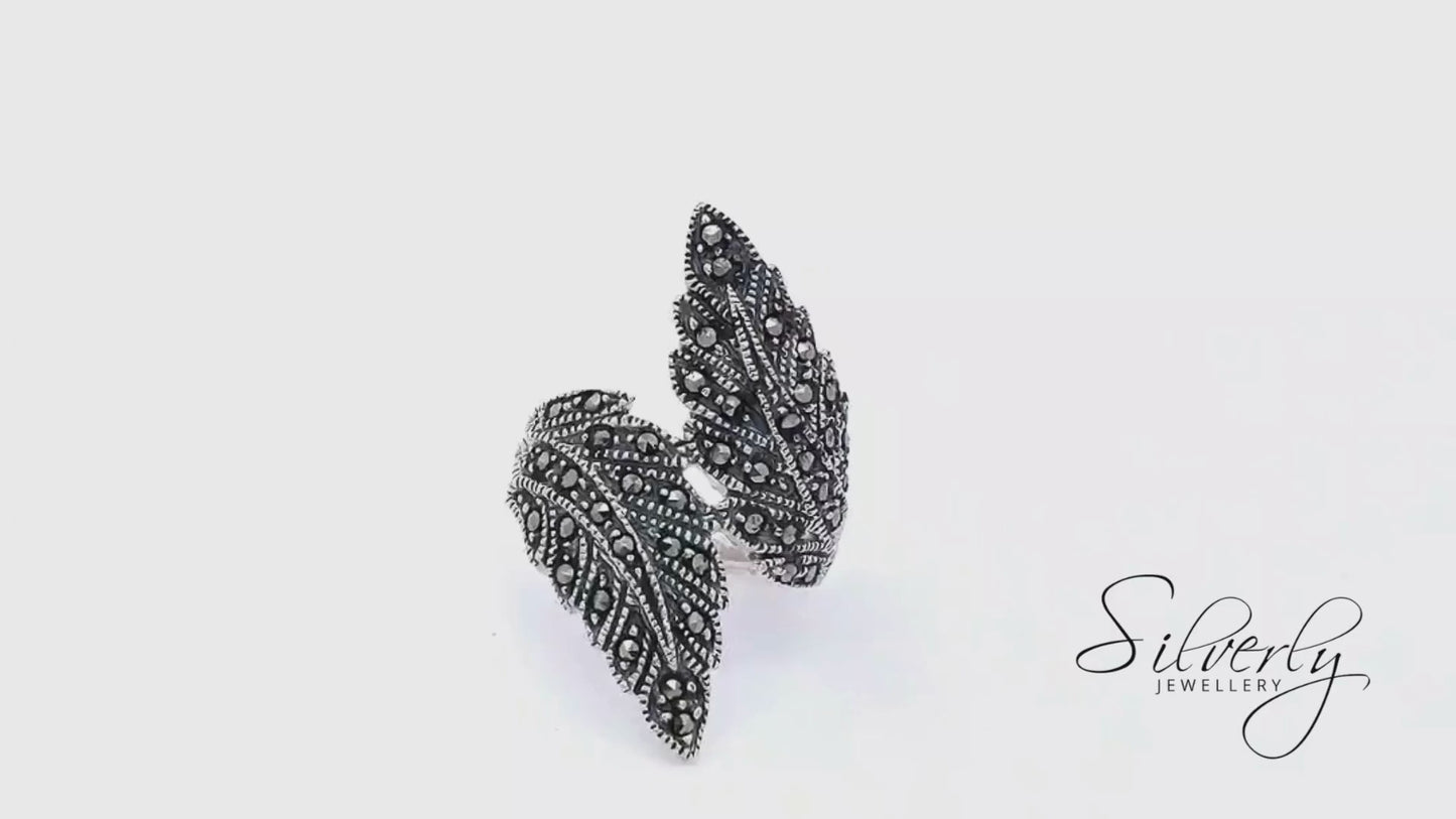 Sterling Silver Marcasite Art Nouveau Feather Wraparound Ring - 1920s Design