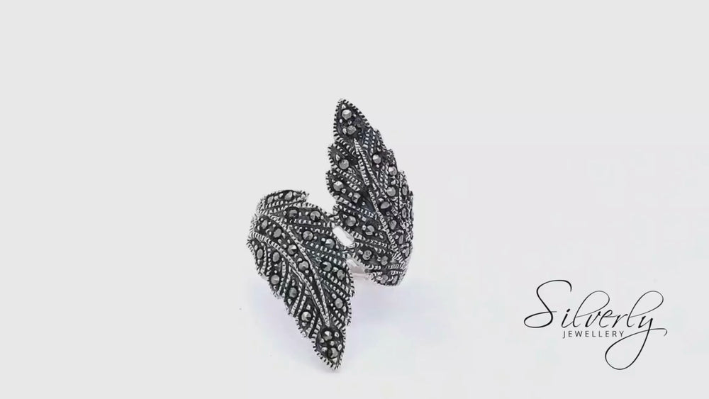 
                  
                    Load and play video in Gallery viewer, Sterling Silver Marcasite Art Nouveau 20s Style Wrapound Feather Ring
                  
                