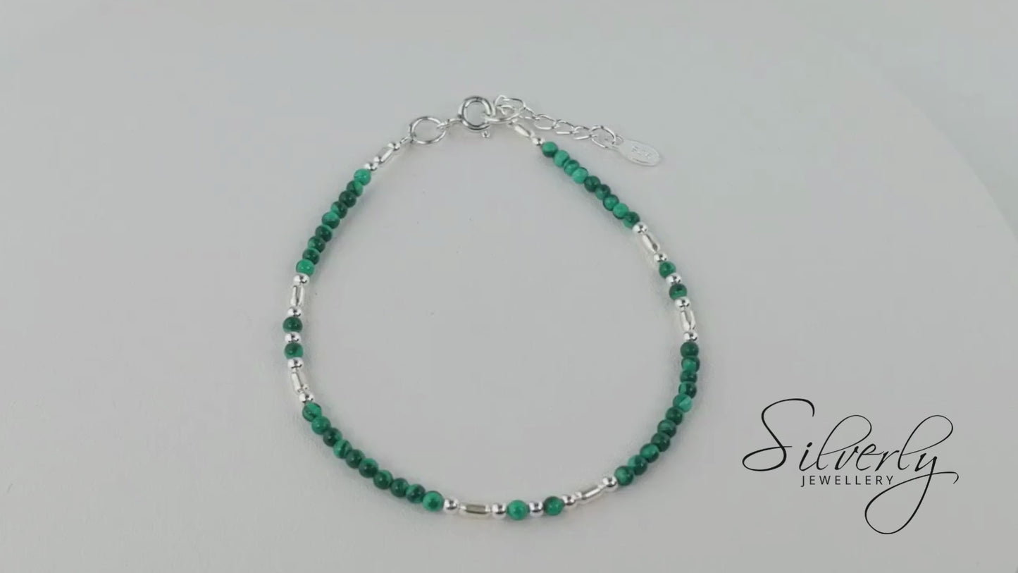 Sterling Silver Malachite Green Gemstone Boho Beaded Bracelet
