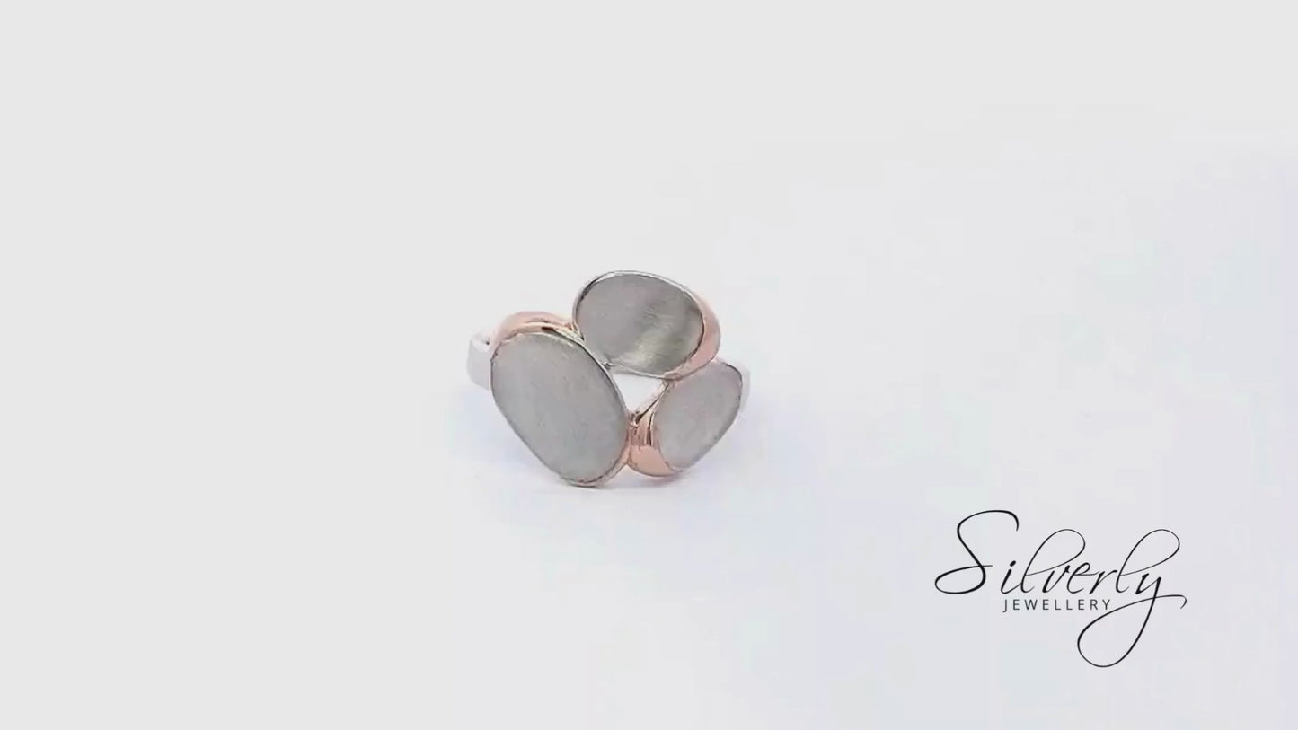 14K Rose Gold Plated Sterling Silver Brushed Modern Oval Pebble Ring