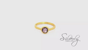 
                  
                    Load and play video in Gallery viewer, Brushed Gold Plated Sterling Silver Round Amethyst Stacking Ring
                  
                